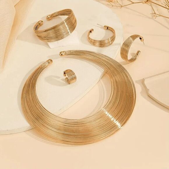 GOLD PLATED MULTI LAYER NECKLACE, CUFF BRACELET, EARRINGS, & RING SET - Picture 1 of 3